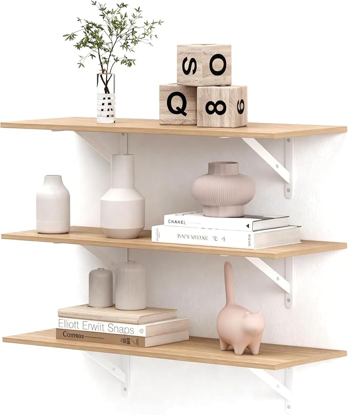 Floating Shelves for Wall, 26.3'' x 7.8'' Inch Hanging Shelf for Storage and Room Decoration, PVC Wall Shelves with Base for Bedroom, Living Room, Bathroom, Kitchen, (Set of 3, Oak)