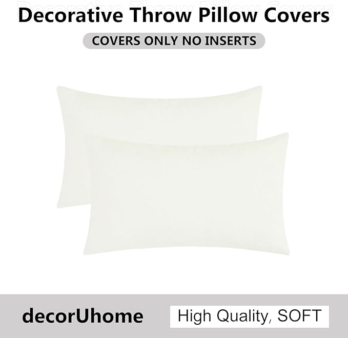 decorUhome Chenille Cream White Throw Pillow Covers 12x20 Inch Set of 2, Decorative Soft Couch Pillow Covers Solid Dyed Accent Farmhouse Neutral Rectangle Pillow Cases for Sofa