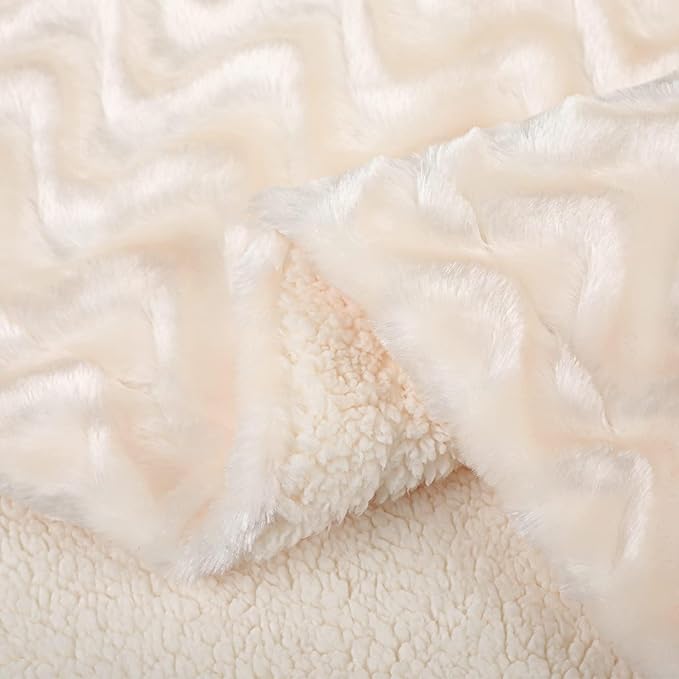 Whale Flotilla Faux Fur Sherpa Throw Blanket for Couch Sofa, Cozy Reversible Fuzzy Fluffy Plush Throws for All Season, Warm and Soft, 50x60 Inch, Ivory