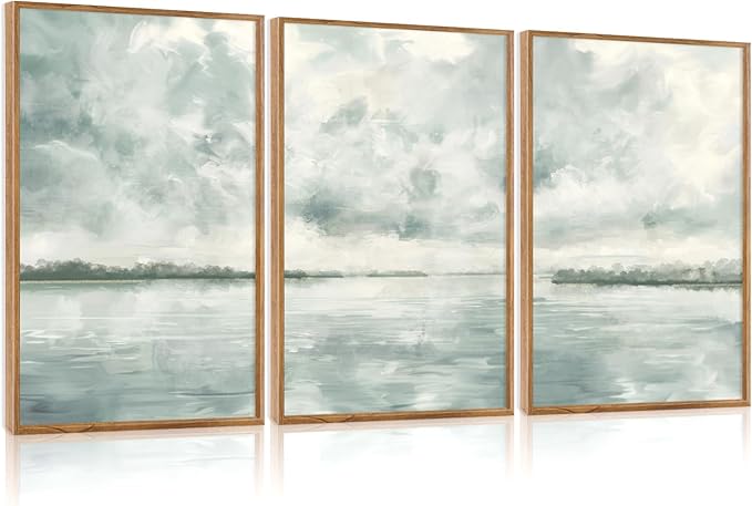 CHDITB Serene Lake And Sky Framed Canvas Wall Art Set Of 3, Minimalist Wall Decor, Modern Cloudscape Painting, Neutral Abstract Nature Blue Art Prints For Zen Yoga Bedroom Decor (12X16Inch)