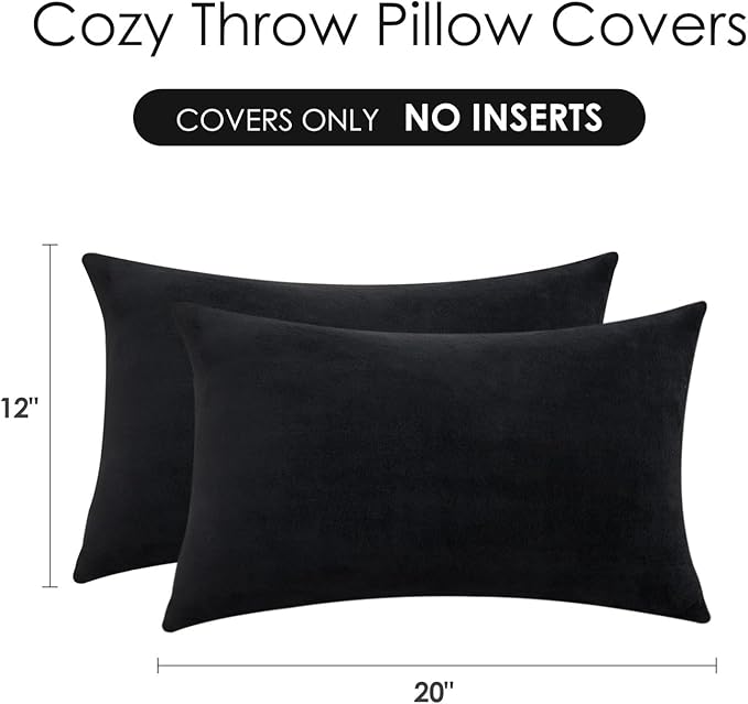 Throw Pillow Covers Decorative Velvet Set of 2 12x20 Inch Pillow Covers, Soft Black Lumbar Pillowcases for Couch Sofa Bed Living Room, Farmhouse Home Boho Decor, Accent Cushion Covers