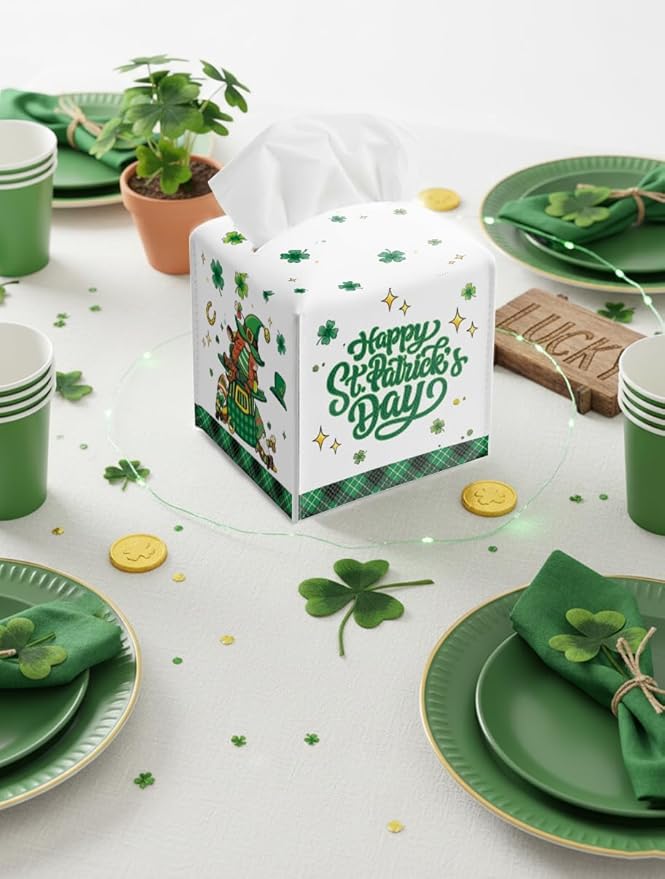St.Patrick's Day Napkin Tissue Box Cover, Shamrocks Lucky Truck Waterproof Leather Paper Organizer Dispenser for Table Dining, Bathroom, Nightstand Vanity, Car, Housewarming Gift Ideas, H