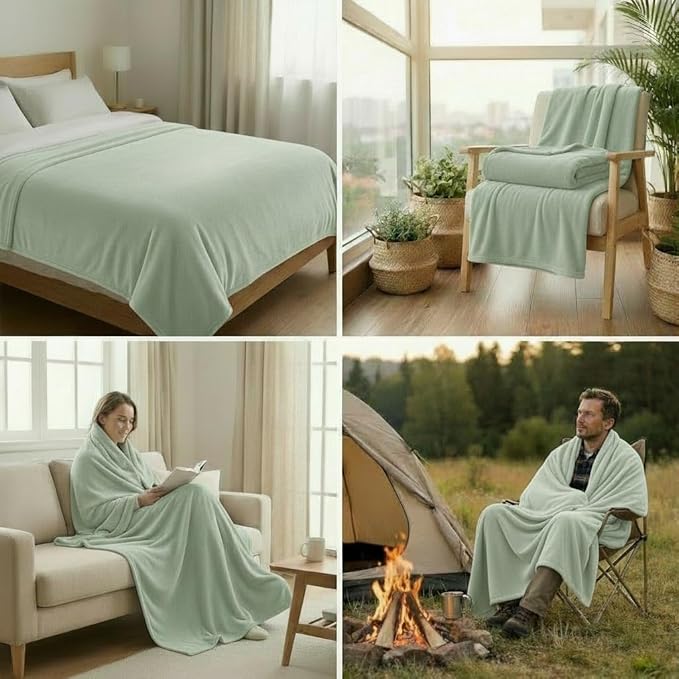 Fleece Blanket Twin - 60x80 Inch Lightweight & Buttery-Soft Throw for Bed, Sofa, Camping | 300GSM Cloud-Touch Microfiber | Cozy Essentials for Travel & Movie Nights, (Light Green)