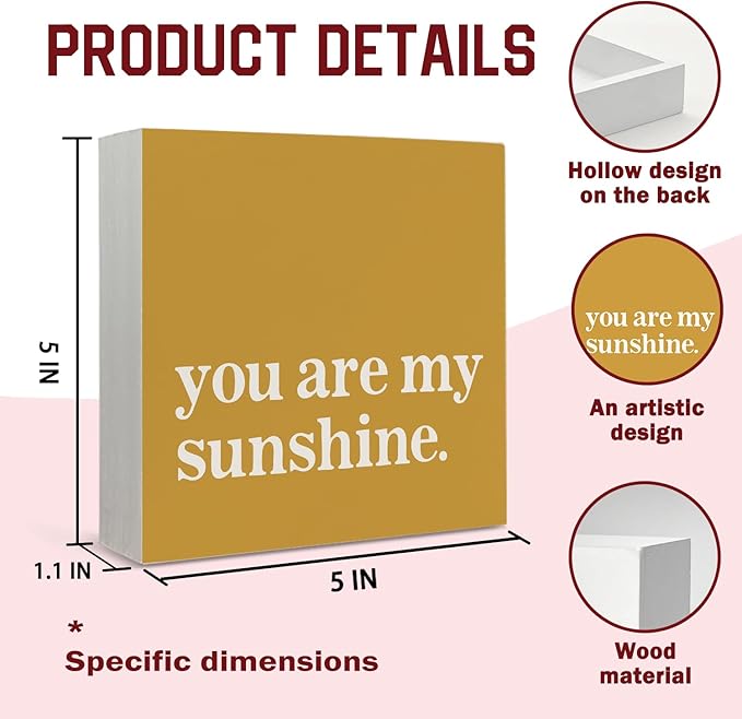 Lacama Inspirational You Are My Sunshine Wooden Box Sign, Yellow Motivational Decorations Wood Block Signs, Inspirational Wood Sign for Kids Room Nursery Desk Shelf Wall Decor 5x5 Inches