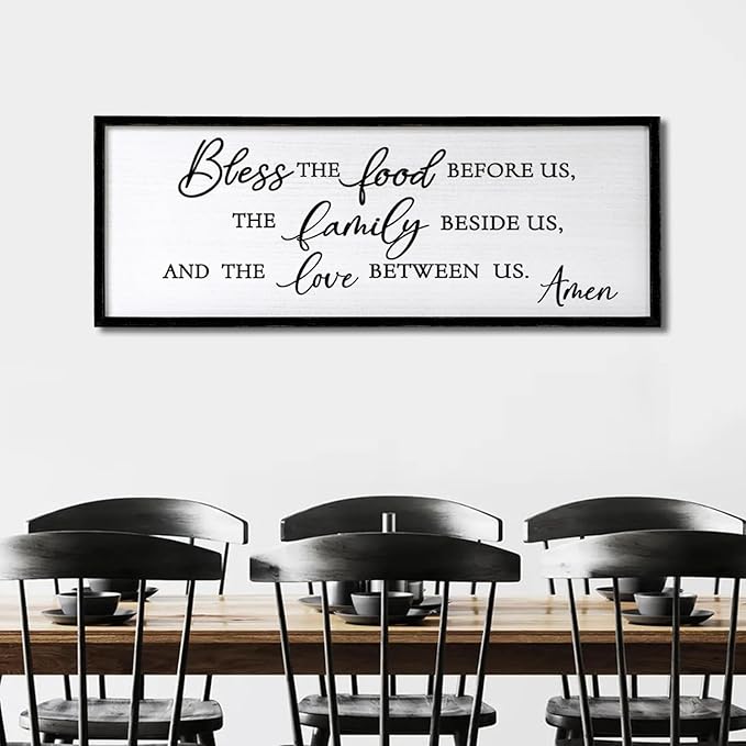 Foutcheou Bless The Food Before Us Wall Decor, 40"X15" The Love Between Us Sign Framed Farmhouse Kitchen Wall Decororation, Rustic Christian Bible Verse Wall Art for Dining Room