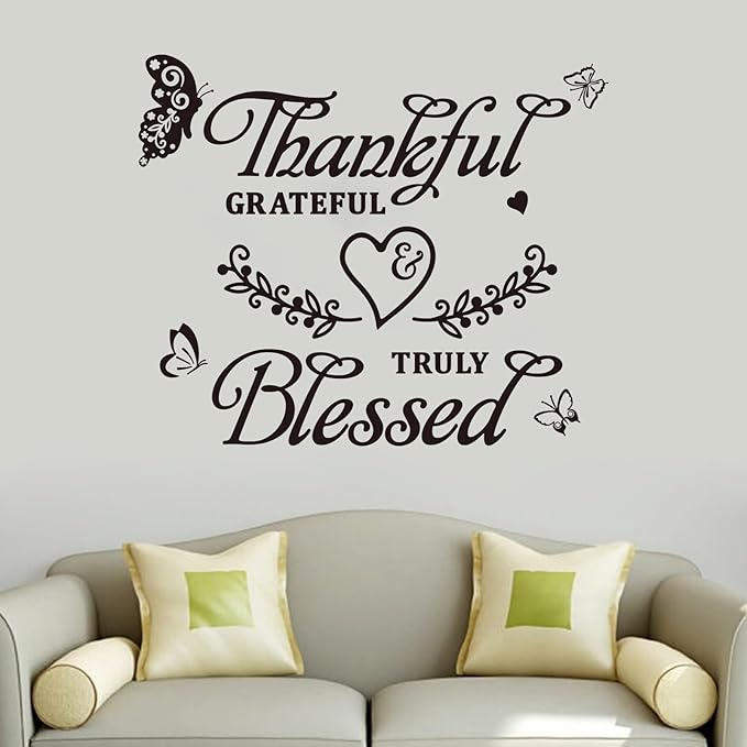 Family Wall Stickers for Living Room: Inspirational Home Quotes Vinyl Art Wall Decals for Kitchen Dining Room Bedroom Bathroom Apartment - Thankful Grateful Blessed 18" X 15"