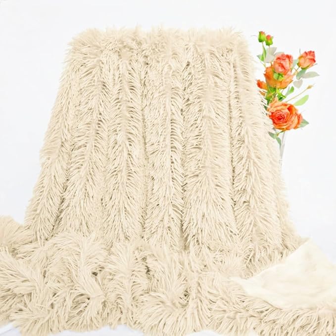 Luxurious Shaggy Throw Blanket, Faux Fur Furry Fuzzy Blanket, Long Pile Plush, Soft Fluffy Texture for Couch, Bed, Living Room Decor(51x63 Inches,Khaki)