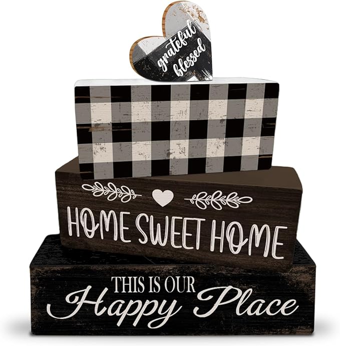 4 Pcs Farmhouse Kitchen Table Decoration Black and White Wooden Tiered Tray Decor Home Sweet Home Table Centerpiece Rustic Decorative Block Sign for Kitchen Dining Room Tabletop Desk Shelf