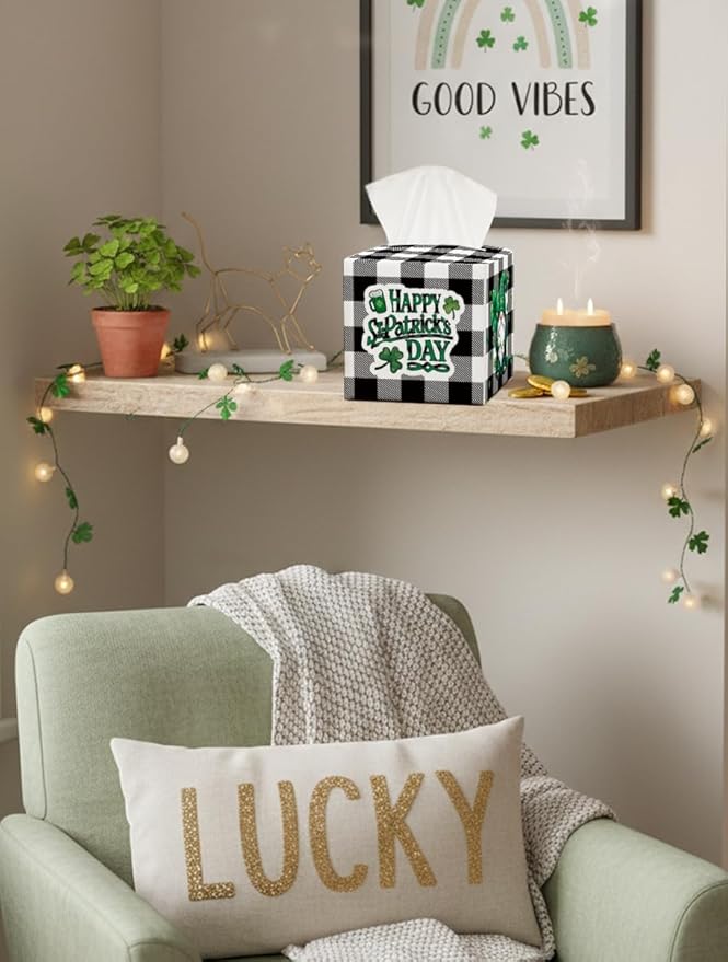 St.Patrick's Day Napkin Tissue Box Cover, Buffalo Plaid Gnome Waterproof Leather Paper Organizer Dispenser for Table Dining, Bathroom, Nightstand Vanity, Car, Housewarming Gift Ideas, G