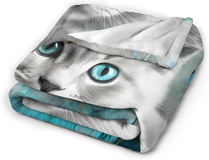 Cute Cat with Blue Butterfly Throw Blanket - Ultra Soft Cozy Fleece Kitten Blanket for Girls, Women & Kids - 60"x80" Cat Lover Gifts