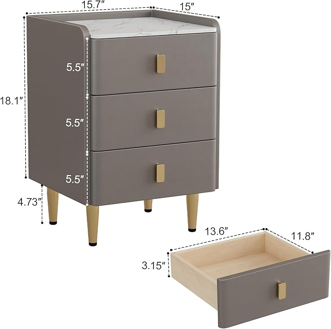 AQIMUELE Narrow Nightstand with Drawers, Narrow Side Table Leather, Small Bedside Tables for Bedroom. (Dark Gray)