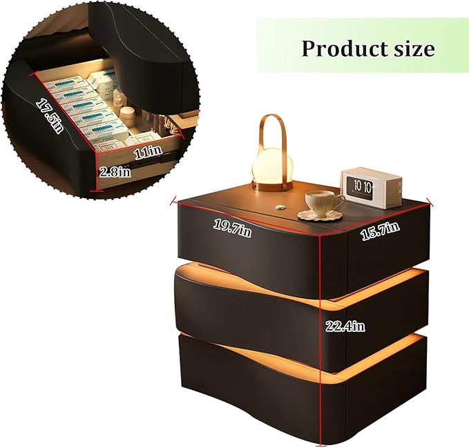Modern Nightstand with LED Light, Leather Night Stand with Drawer, Solid Wood Bedside Table (3 Drawers, Black)