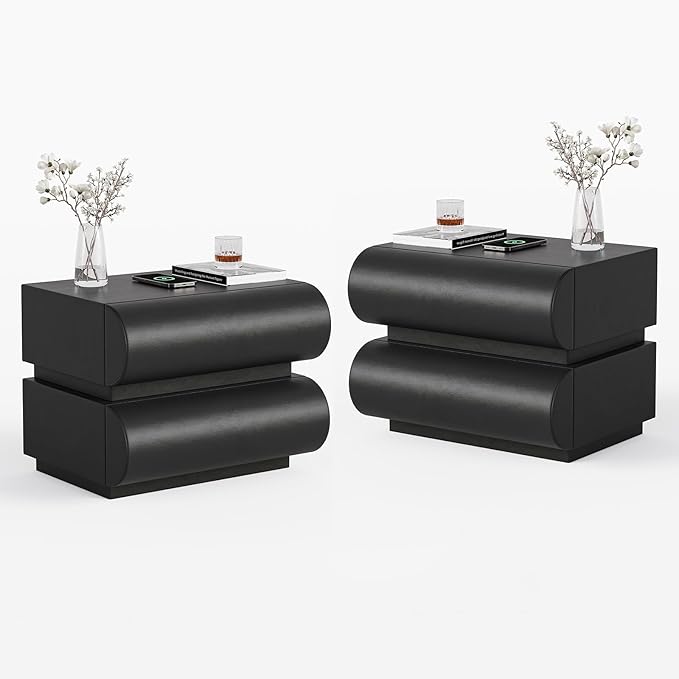 homary 2-Drawer Smart Nightstands Set of 2 with Wireless Charging Station, USB & Type-C Ports, Faux Leather Black Night Stands Modern Bedside Tables for Bedroom Storage, Fully Assembled