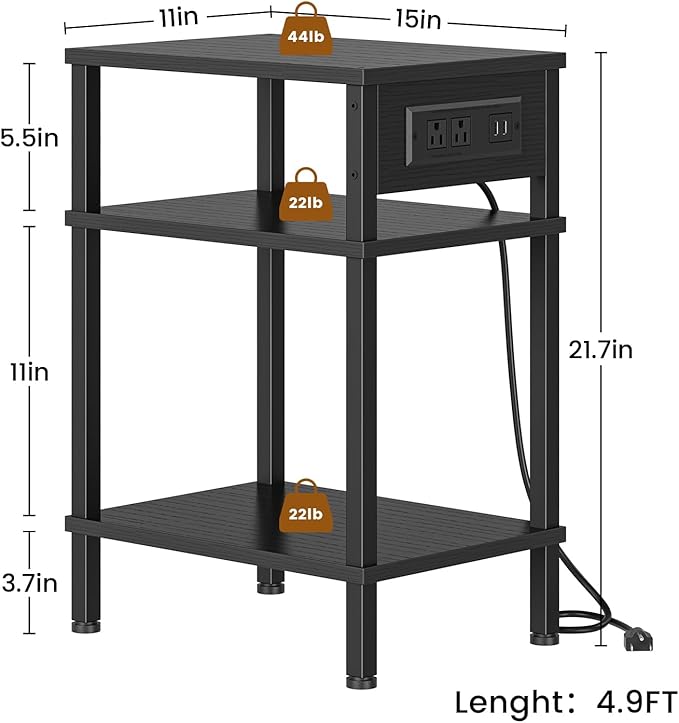 Side Table with Charging Station, Tall End Tables Living Room, 21.7 Inch Skinny Night Stand with Storage, Small Bedside Tables for Bedroom, Office, Dorm, Hallway, Black