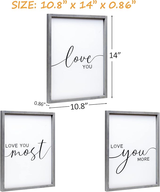 Set of 3 I Love You Signs - Love You More Wall Decor for Bedroom and Living Room (11x14 inches, Gray)