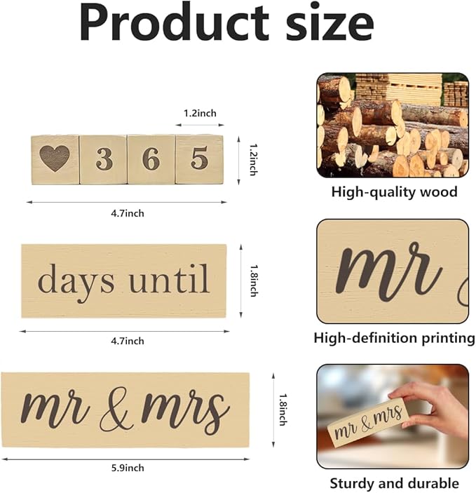 6 Pcs Wooden Engagement Gifts for Couples Wood Engagement Party Decorations Block Wedding Day Countdown Calendar Fiance Gifts for Women Future Mr Mrs Newly Engaged Couples, Khaki