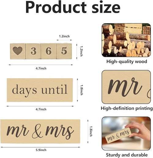 6 Pcs Wooden Engagement Gifts for Couples Wood Engagement Party Decorations Block Wedding Day Countdown Calendar Fiance Gifts for Women Future Mr Mrs Newly Engaged Couples, Khaki