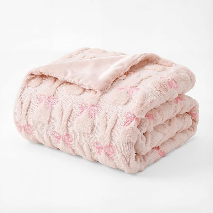 Horaldaily Easter Solid Blanket Throw, Pink Rabbits Bow Soft Fuzzy Plush Faux Fur Cozy Blankets for Couch Sofa Bed Lounging, Ideal Gifts for Kids Adults Wife Self, 50x60