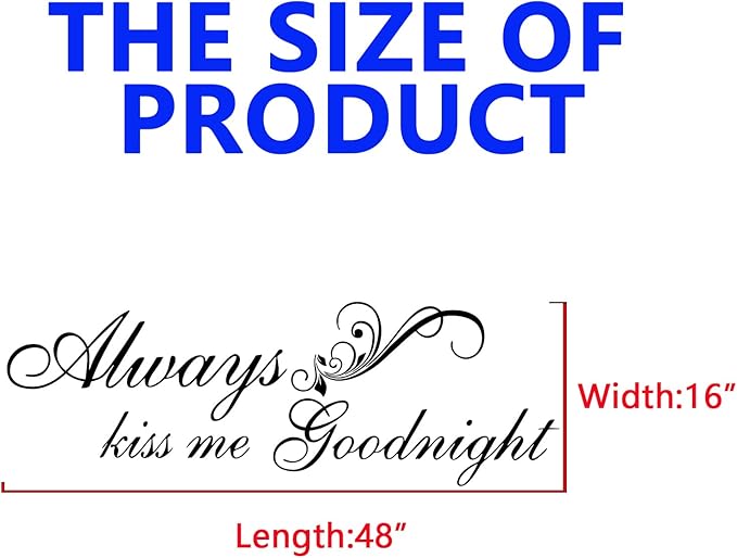 SEATUNE Always Kiss Me Goodnight Wall Stickers - Bedroom Wall Decals - Romantic Marriage Couples Quotes Inspirational Love Family Bathroom Bed Home Vinyl Art Wall Decor 48"X16"