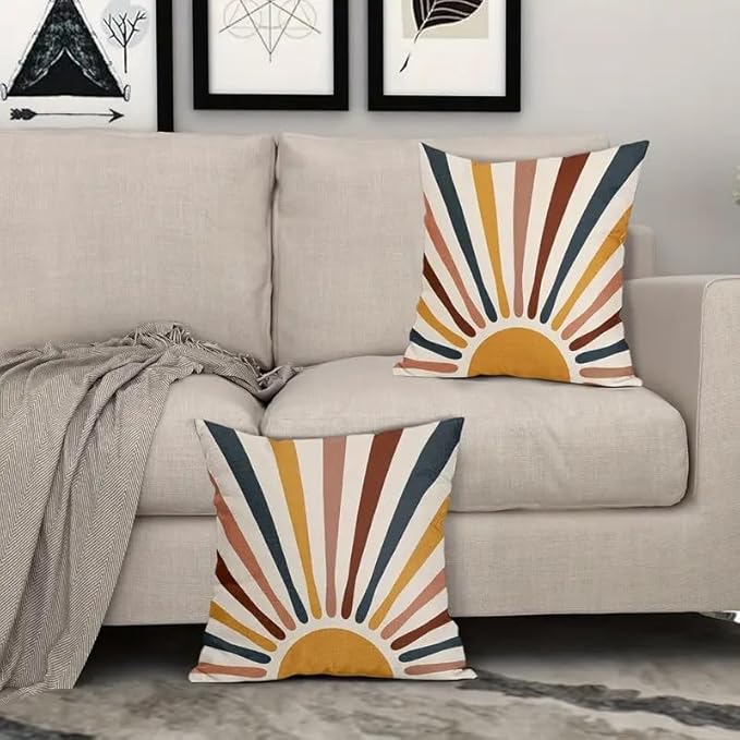 Boho Sunburst Decorative Throw Pillow Cover, Modern Abstract Design with Multicolor Rays in Navy, Mustard, and Terracotta, 2 Pack，18x18 Pillows Linen Pillowcase
