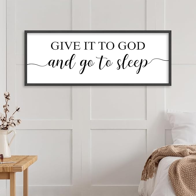 YWJKWLGS Give It To God And Go To Sleep Sign Large Bedroom Wall Decor Art 40x15 Inch Rustic Wooden Framed Above Over Bed for Peace Wall Hanging Plaque (Black)