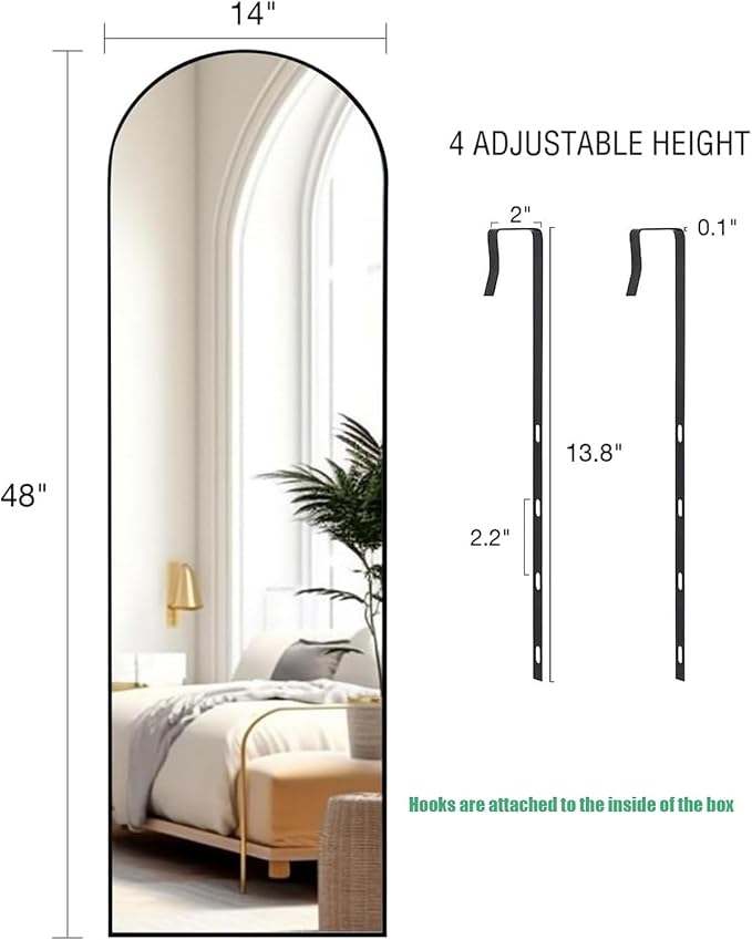 Full Length Mirror 48x14 Inches - Over The Door Hanging Mirror for Bedroom, Living Room, Closet - Arch Floor Mirror, Door Mirror with Black Frame - No Drill Easy Install
