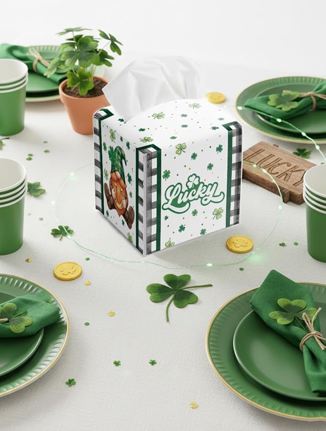St.Patrick's Day Napkin Tissue Box Cover, Buffalo Plaid Shamrock Gnome Waterproof Leather Paper Organizer Dispenser for Table Dining, Bathroom, Nightstand Vanity, Car, Housewarming Gift Ideas, C
