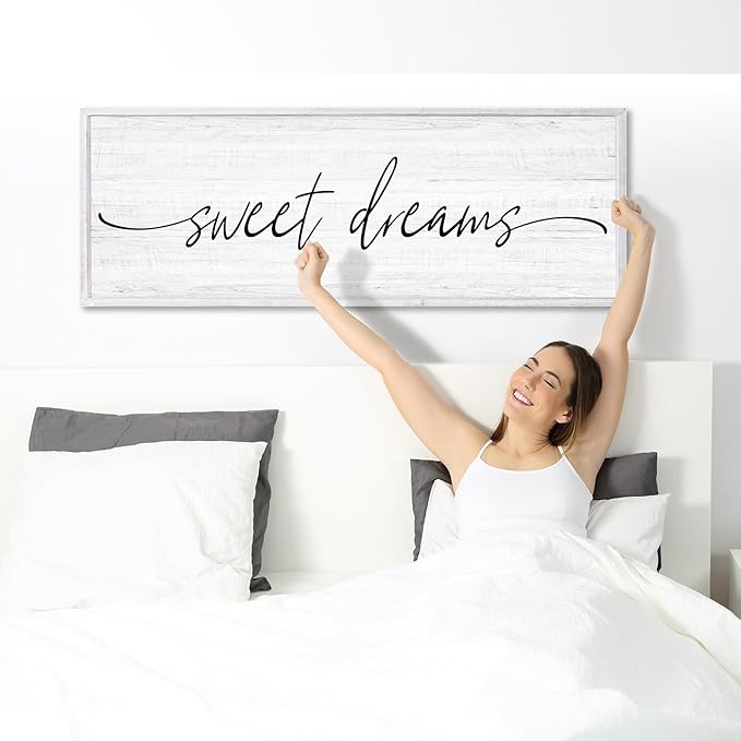 Sweet Dreams Wall Decor Above Bed Large 41''×15'' Farmhouse Wall Decor for Bedroom Guest Room Decor Framed Wood Wall Art Rustic Master Bedroom Wall Decoration 01 (white frame)