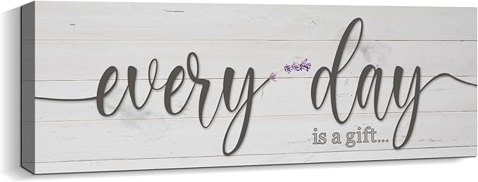 Every Day is a Gift Signs Wall Decor Inspirational Quotes Wall Plaques Family Home Framed Wall Art Vintage Farmhouse Canvas Prints Artwork for Bedroom Living Room Entryway Home Decoration 8x24 inch
