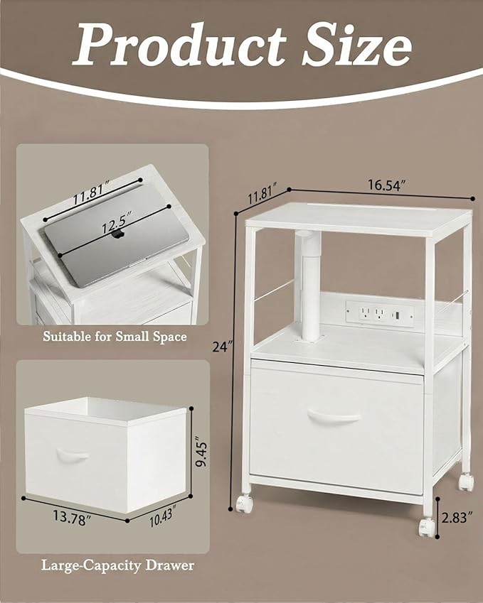 360° Swivel Nightstand with Height Adjustable, Lift Top Bedside Table with Charging Station, Rolling Night Stand with Fabric Drawer, End Table with Wheels, for Bedroom, Living Room, White