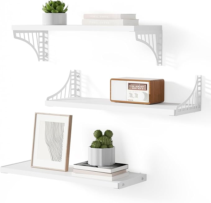 SRIWATANA Floating Shelves for Wall Decor, Bridge Design Wood Wall Shelves for Bedroom, Bathroom, Living Room & Kitchen, Set of 3 (White)
