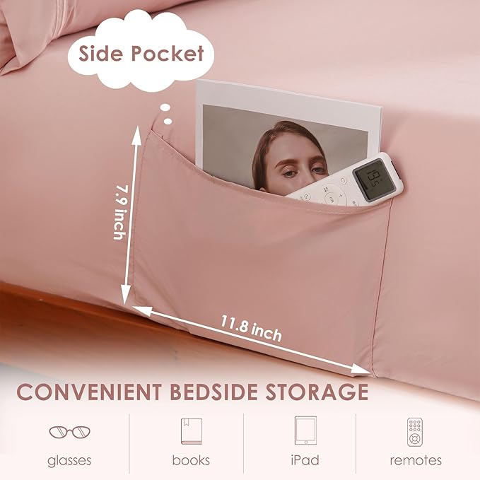 JSD Dusty Pink Twin Sheet Set with Side Pocket Corner Straps, 3 Piece Soft Kids Microfiber Bed Sheets Extra Deep Pocket