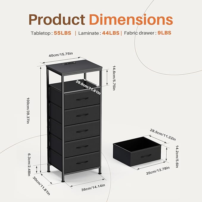 DUMOS Nightstand with Charging Station, Bedside End Table with 5 Fabric Drawers & USB/Type-C Ports and Outlets, Night Stand for Bedroom Furniture, Adjustable Feet and Variable Light Strip, Black