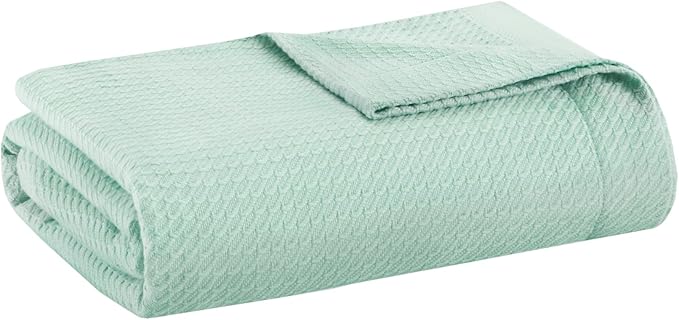 Madison Park 100% Egyptian Cotton Lightweight Summer Blanket, Breathable Waffle Knit Design, Soft Cozy All-Season Throw for Bed, Couch or Sofa, Seafoam Twin Size (66"x90")