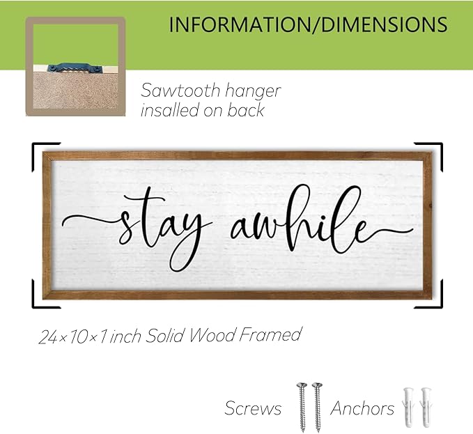 TQianJiang Living Room Wall Decor Stay Awhile Sign 24"×10" Cozy Home Inspirational Quote for Home Entryway Plaque Hallway Rustic Farmhouse Large Wood Framed Wall Hanging Art (Wood)
