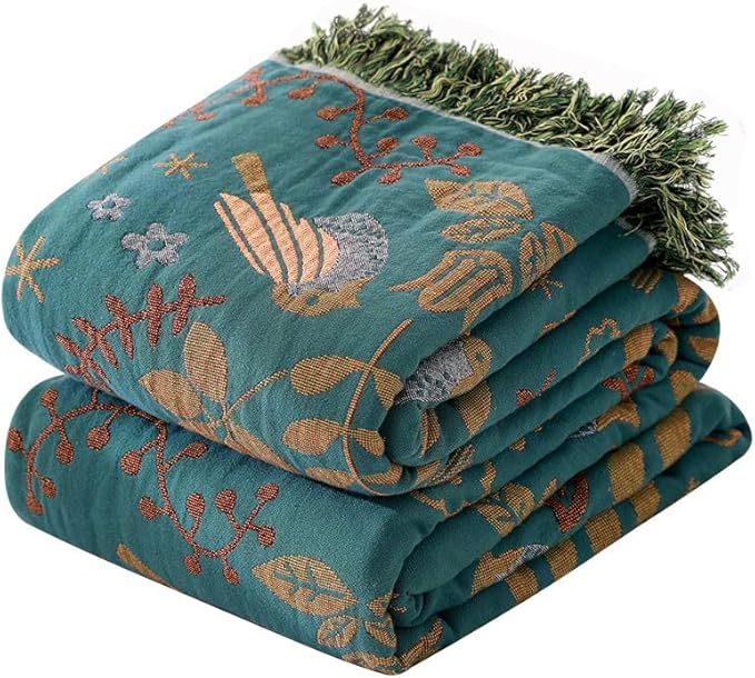 Boho Throw Blanket for Bed 60”x80”, 100% Cotton Woven Blanket for Couch Sofa, Ultra Soft 4-Layer Muslin Quilt with Bird Floral Printed, Farmhouse Bed Blanket/Cover for Living Room Decor