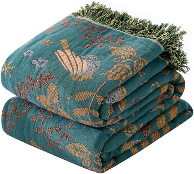 Boho Throw Blanket for Bed 80”x90”, 100% Cotton Woven Blanket for Couch Sofa, Ultra Soft 4-Layer Muslin Quilt with Bird Floral Printed, Farmhouse Bed Blanket/Cover for Living Room Decor