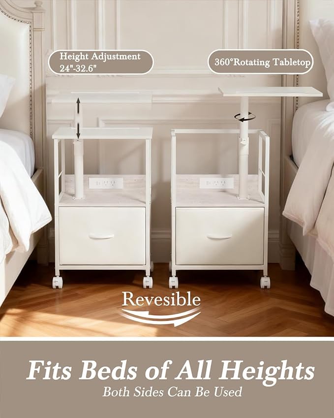 360° Swivel Nightstand with Height Adjustable, Lift Top Bedside Table with Charging Station, Rolling Night Stand with Fabric Drawer, End Table with Wheels, for Bedroom, Living Room, White