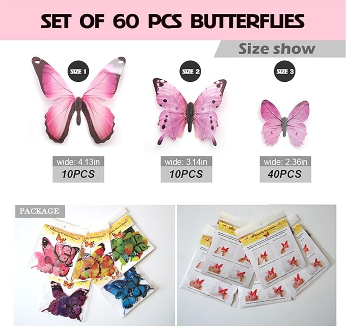 60pcs Butterfly Wall Decor, Plastic Fake Butterflies Wall Art Artware Decorations for Birthday Wedding Christmas Party Decorations, Cake Decorations, Removable Stickers