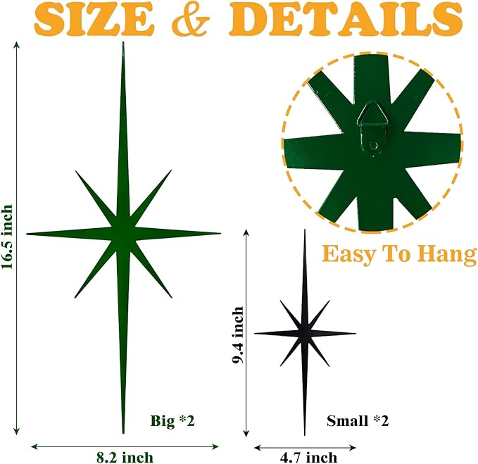 sxnzequnze 4 Pack Metal Star Wall Art 8 Pointed Starburst Wall Decor Set with 2 Large & 2 Small Pieces Mid Century Celestial Metal Wall Sculpture for Bedroom Living Room Office Gallery Wall