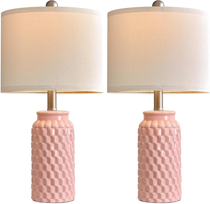 20.5" Small Bedside Lamps Set of 2 with 5FT Cord, Pink Ceramic Modern Farmhouse Table Lamps for Nightstand, Living Room, Bedroom, 3D Honeycomb Stylish End Table Lamps(Bulb Not Included)