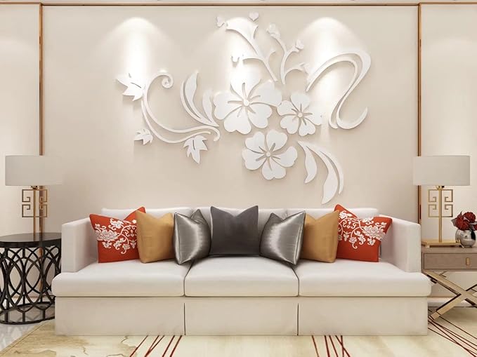 Wall Stickers 3D Flower Mirror - Wall Decor Living Room Mirror Stickers for Walls Home Decorations Room Decor Aesthetic Flower Mirror Wall Decor for Bedroom Office Floral Wall (White XL:68*91 inch)