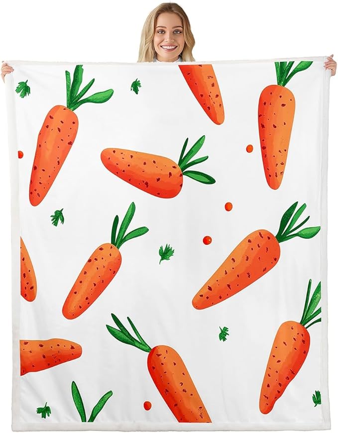 Carrot Sherpa Blanket Throw 50"x60" Vegetables Fleece Bed Blanket Funny Food Theme Plush Blanket Throw for Kids Boys Girls Cartoon Pattern Fuzzy Blanket Child Bedroom Decor Sofa Decor Green Orange