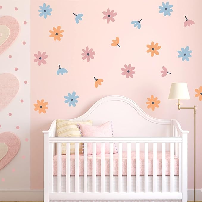 Daisy Wall Decals,Flower and Dots Retro Decor for Bedroom, Nursery, Kids’ Room(2)