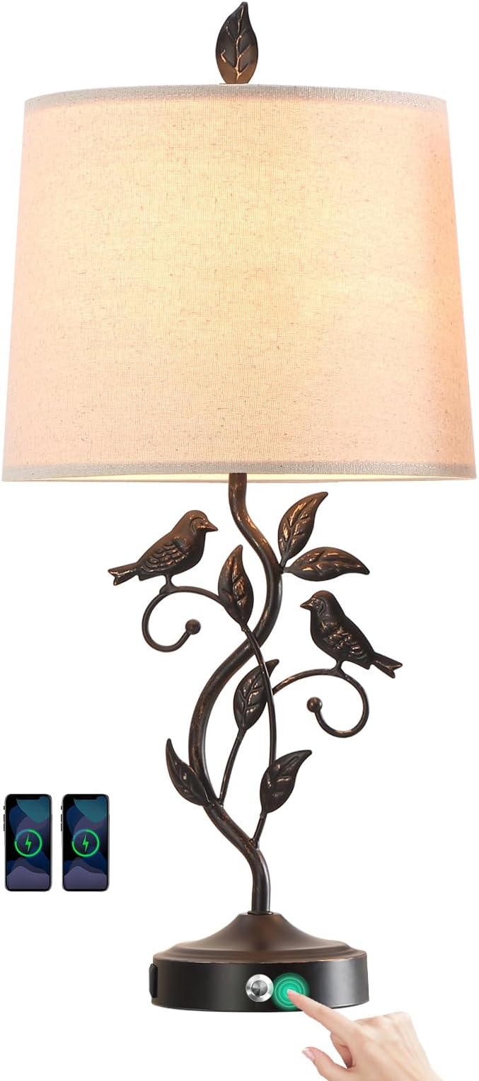 RORIANO 27" Touch Farmhouse Table Lamps for Living Room with 3-Way Dimmable 2 USB Ports, Vintage Rustic Iron Leaf Nightstand Lamp for Bedroom, LED Bulb Included