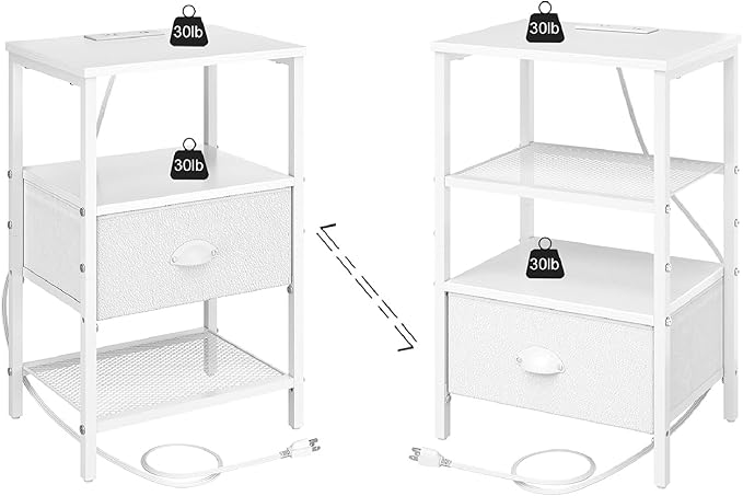 Nightstands Set of 2, Night Stands with Charging Station and Fabric Drawer PU Finish, Bedside Tables with Drawers, 2-Tier Side Table with Open Shelf, Nightstands with Charging Station,White