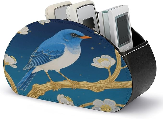 Blue Bird Flower Remote Control Holder Organizer Box with 5 Compartment PU Leather Bedside Storage Caddy Remote Organizer for Controller Media Player Pen/Pencil Storage