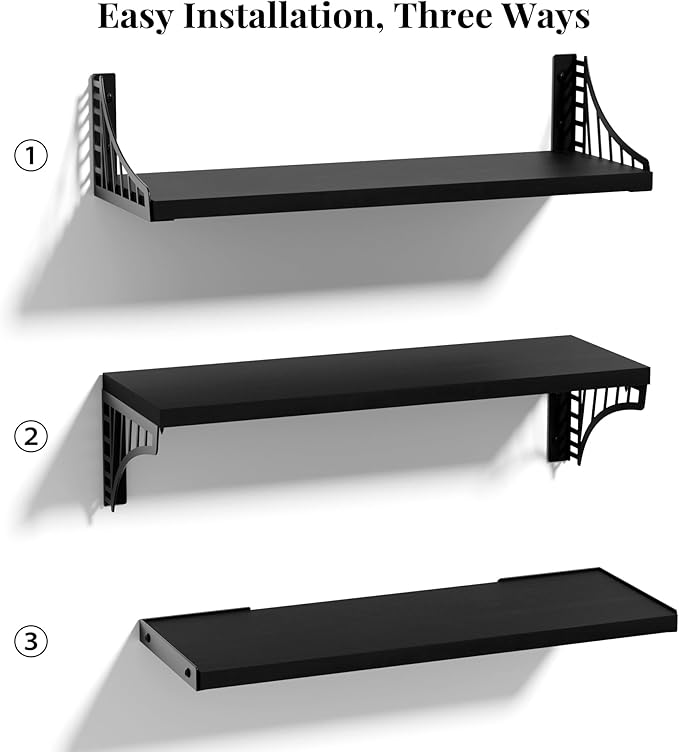 SRIWATANA Floating Shelves for Wall Decor, Bridge Design Wood Wall Shelves for Bedroom, Bathroom, Living Room & Kitchen, Set of 3 (Black)