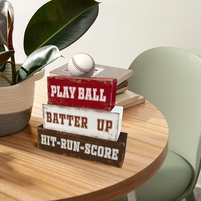 4 Pcs Baseball Table Decorations Sports Wooden Desk Sign Baseball Tiered Tray Decor Tabletop Centerpiece for Birthday Party Home Bedroom Teens Room Mantel Shelf