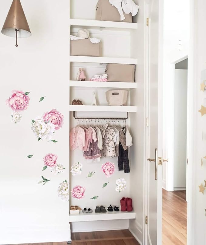 Peony Watercolor Wall Decals (Pink and White Watercolor) - Spring Decor Flowers Decals for Wall - Botanical Bedroom Sticker Girls - Floral Peonies Pink Botanical Stickers Bedroom Nursery w/test Sample